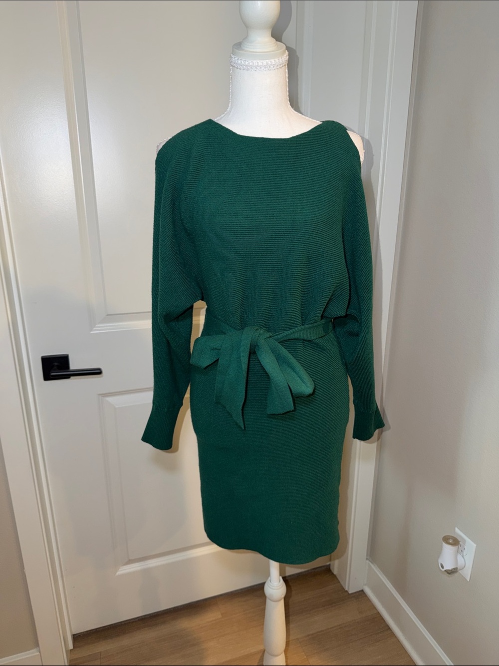 Forest Green Tie-Waist Knit Mini Dress